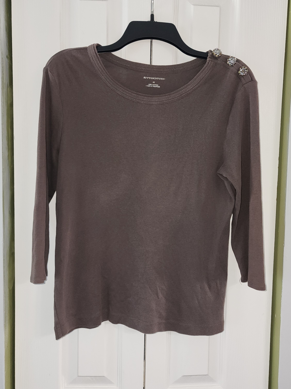 Sutton Studio Brown Long Sleeve Top with Shoulder Buttons left Shoulder Size M